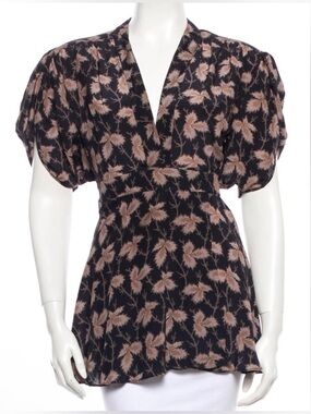 Stella McCartney Black Floral Silk Tie Waist Puff Sleeve Top Size 38 (S)
